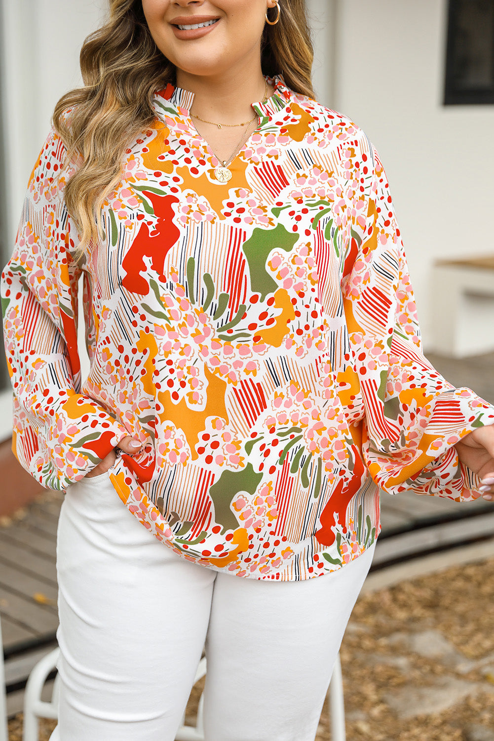 Floral Frilled V-Neck Plus Size Blouse - Eolante Clothing