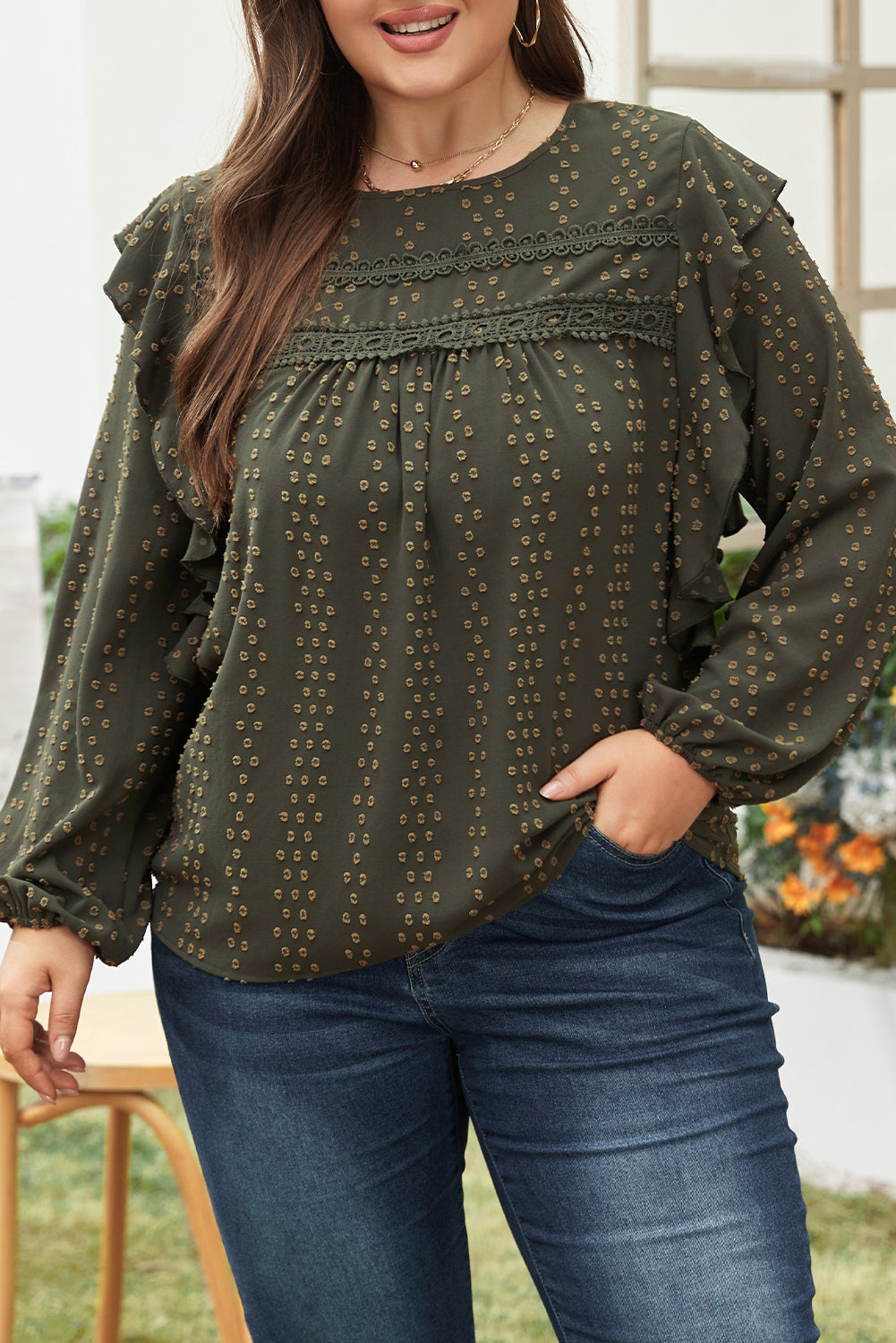 Lace Swiss Dot Long Sleeve Plus Size Top - Eolante Clothing