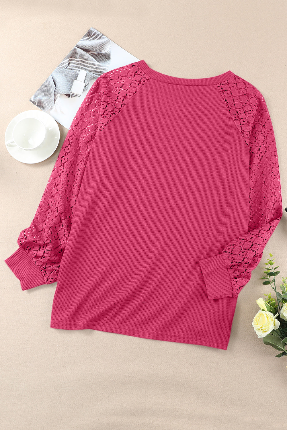 Lace Sleeve Waffle Knit Plus Size Top - Eolante Clothing