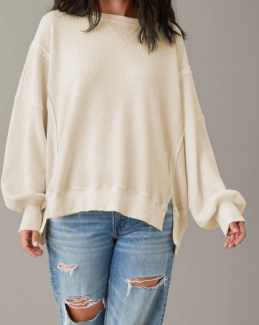 Waffle Knit Bishop Sleeve Oversized Sweatshirt - Eolante Clothing