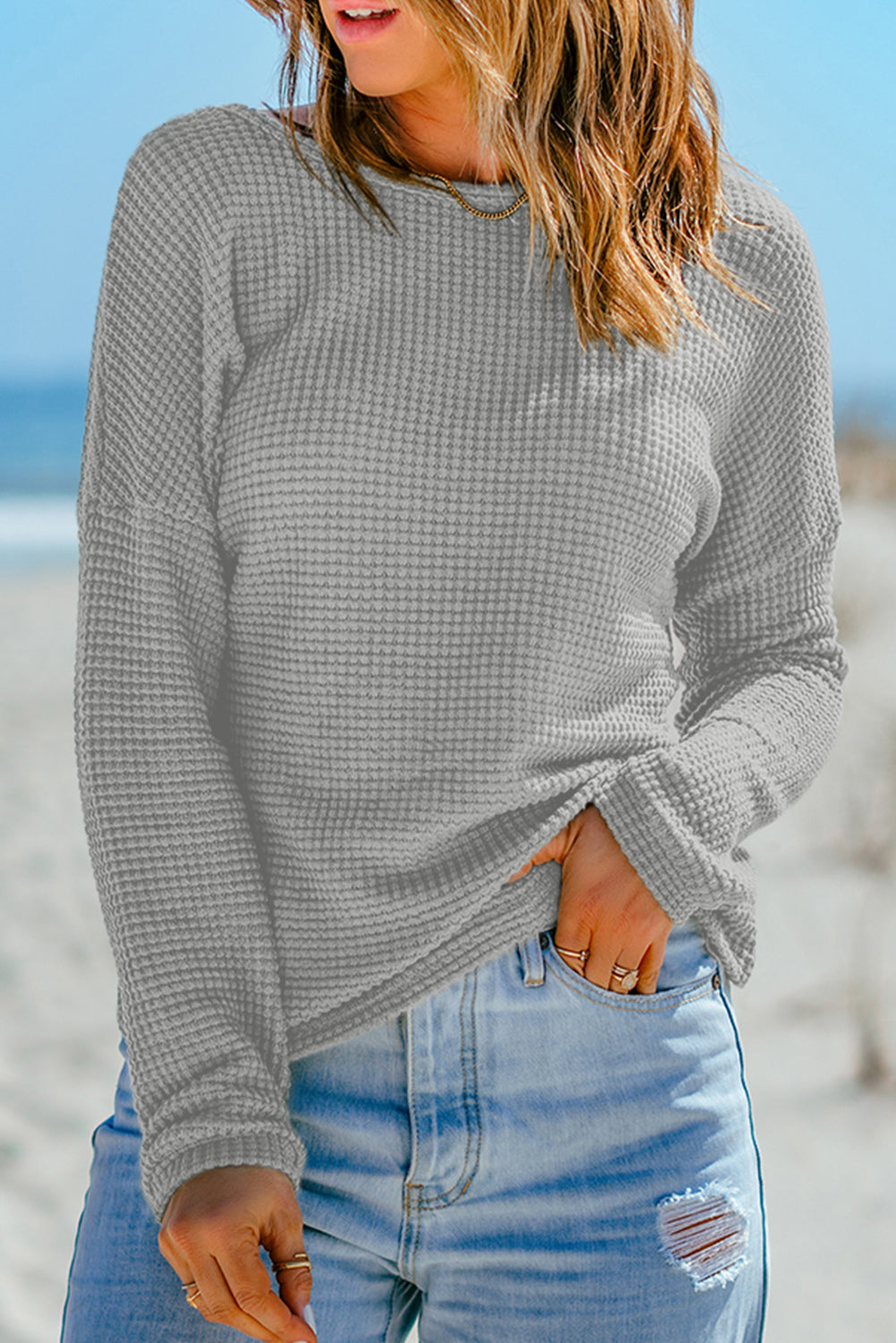 Waffle Knit Long Sleeve Top - Eolante Clothing