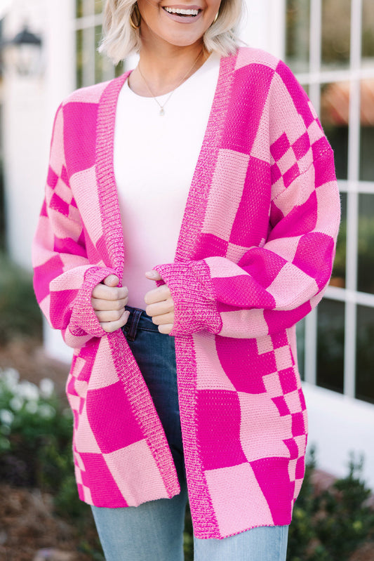 Checkered Ribbed Trim Open Front Cardigan