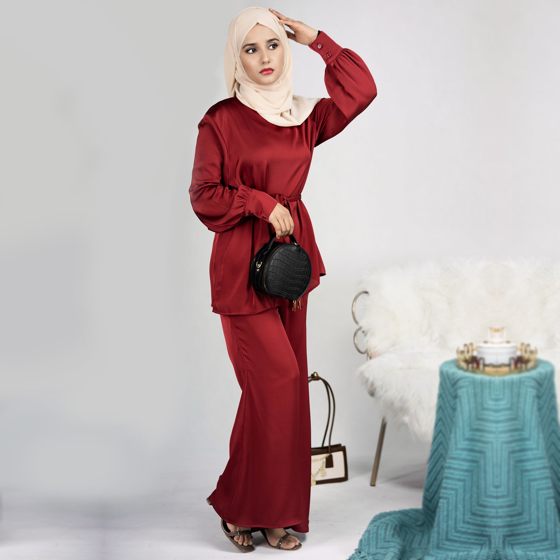 2 Piece Abaya Set, Satin Long Sleeve Top and Pants - Eolante Clothing