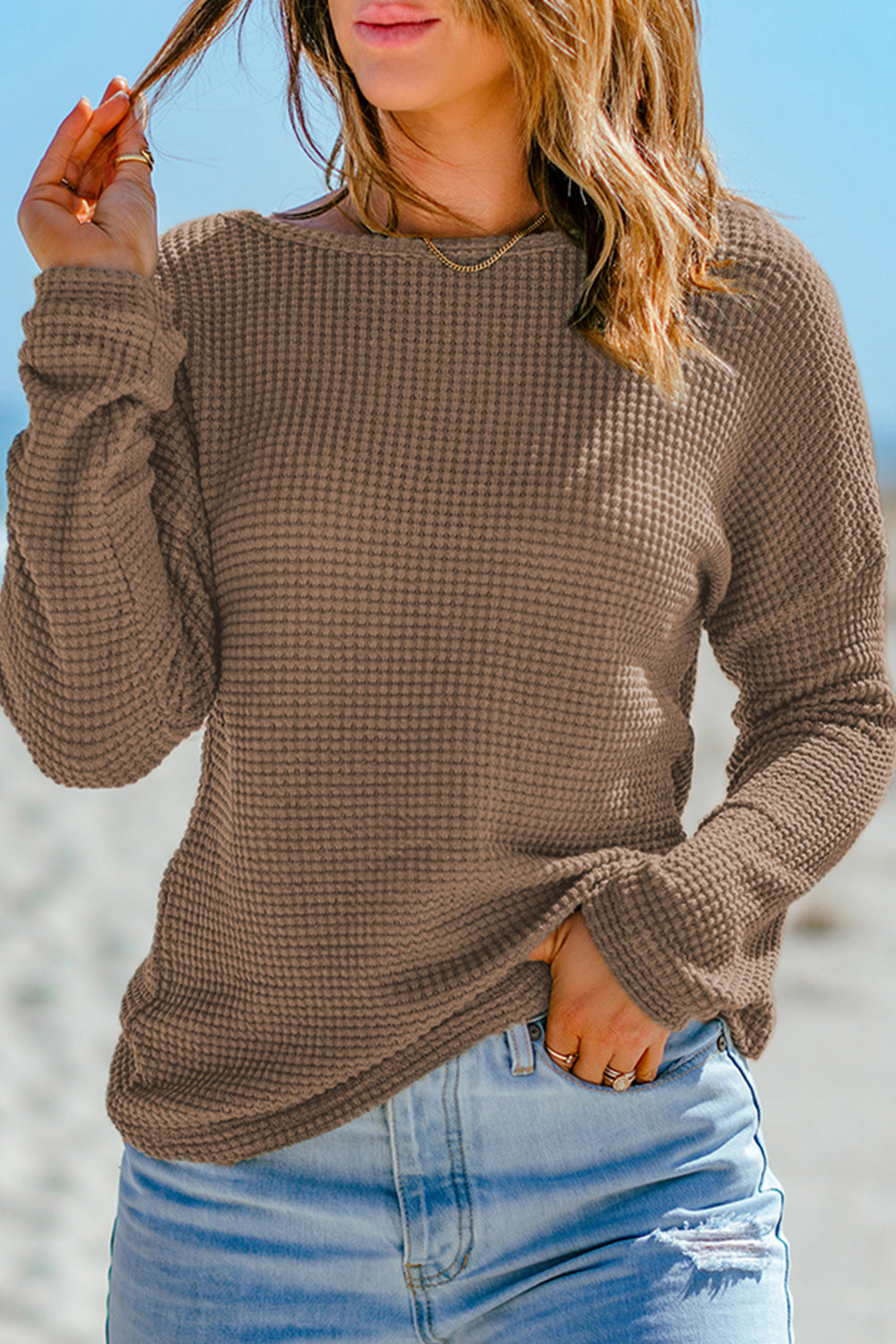 Waffle Knit Long Sleeve Top - Eolante Clothing