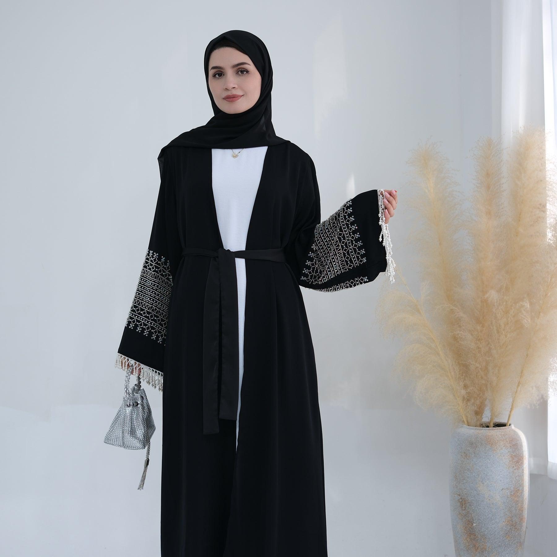 Open Abaya with Beaded Design and Belt | Eolante Clothing