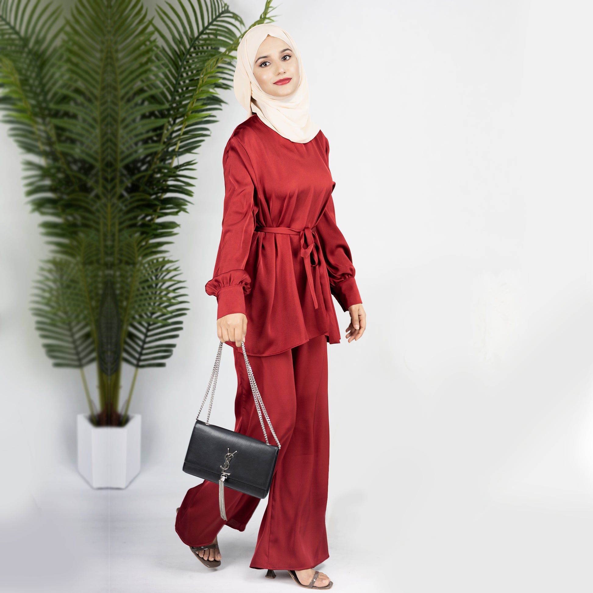 2 Piece Abaya Set, Satin Long Sleeve Top and Pants - Eolante Clothing