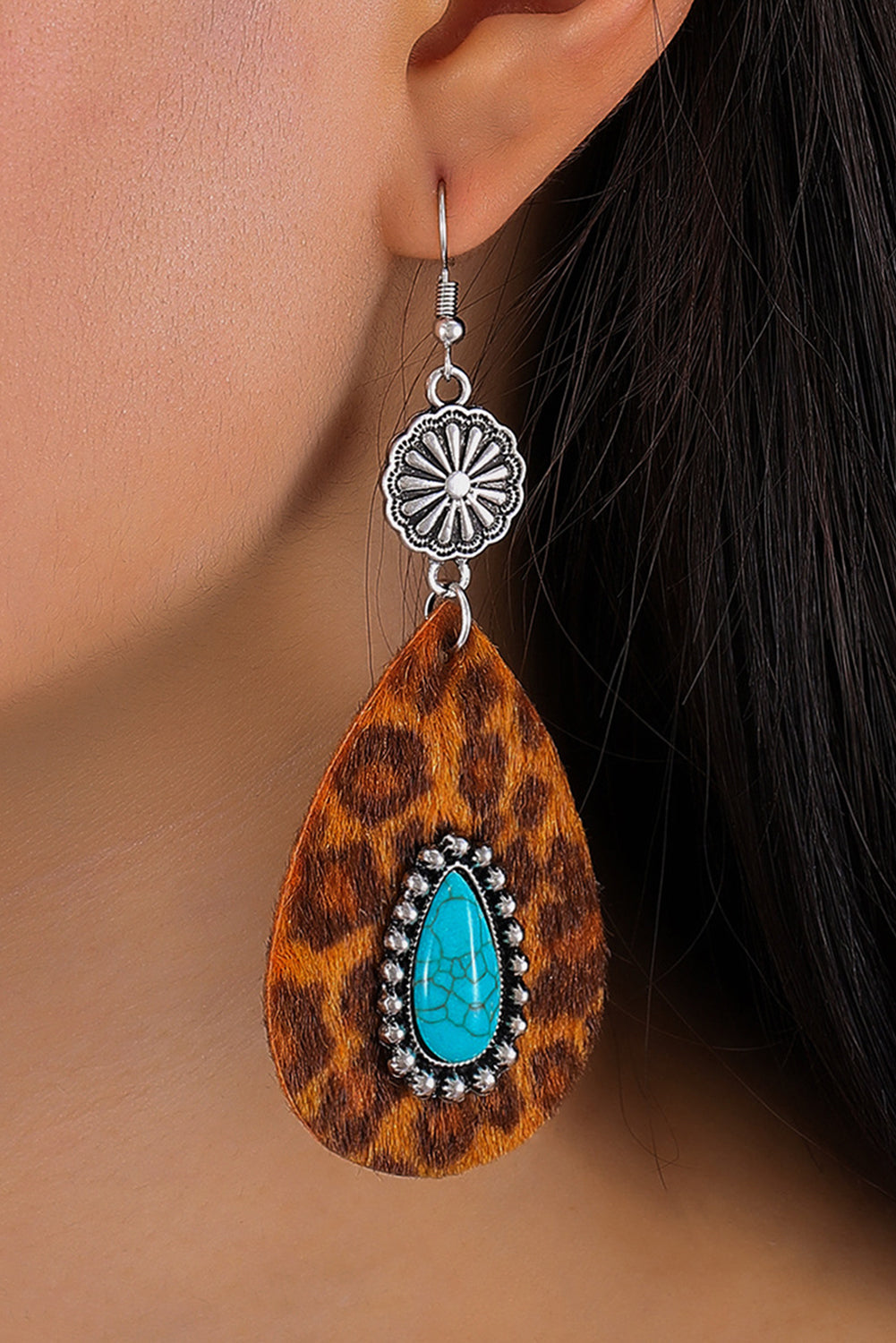 Inlay Drop Earrings, Leopard Turquoise Pattern Design - Eolante Clothing