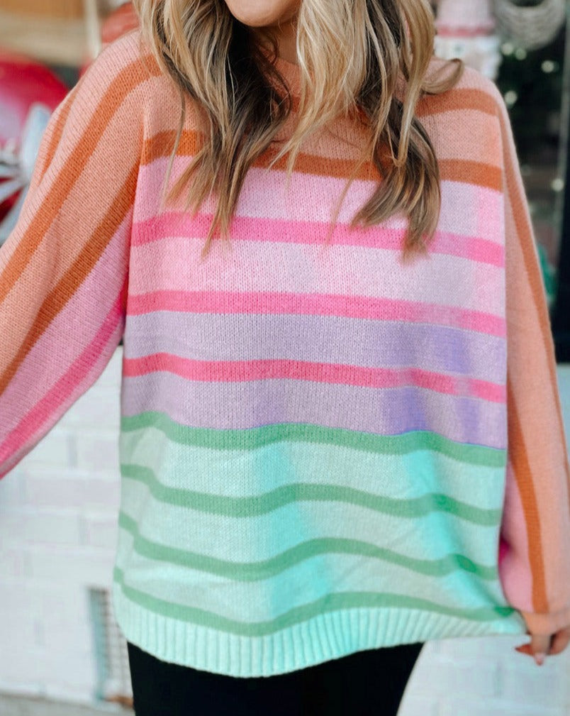 Striped Loose Sweater with Ribbed Edge - Eolante Clothing