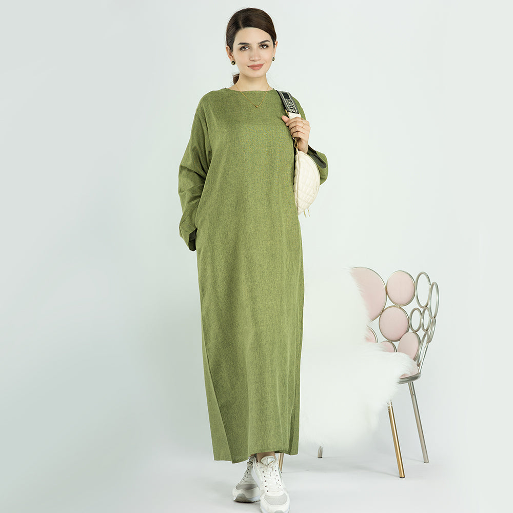 Linen Maxi Abaya in Avocado Green | Eolante Clothing 