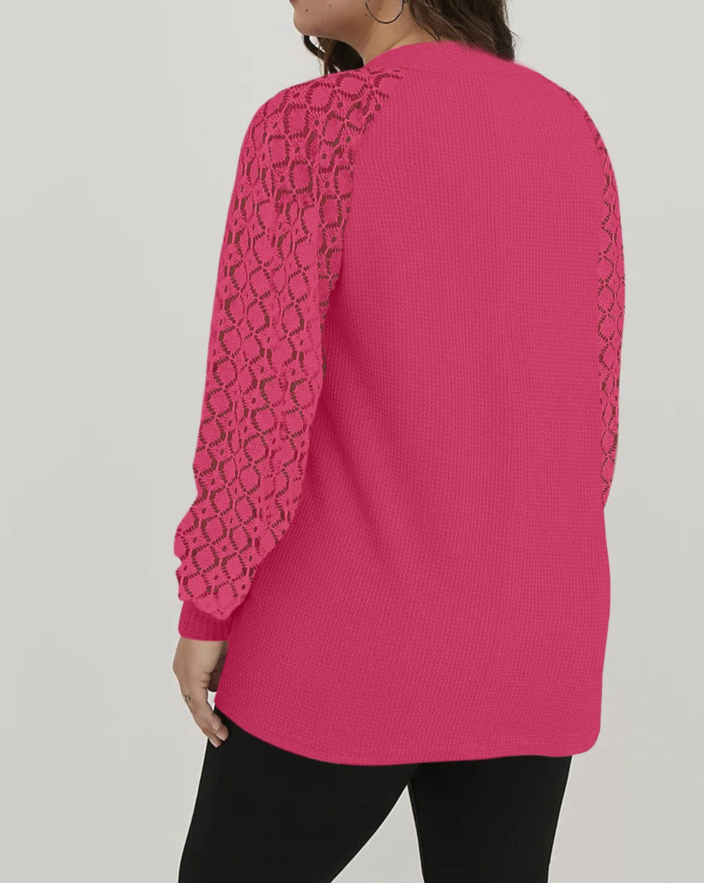 Lace Sleeve Waffle Knit Plus Size Top - Eolante Clothing