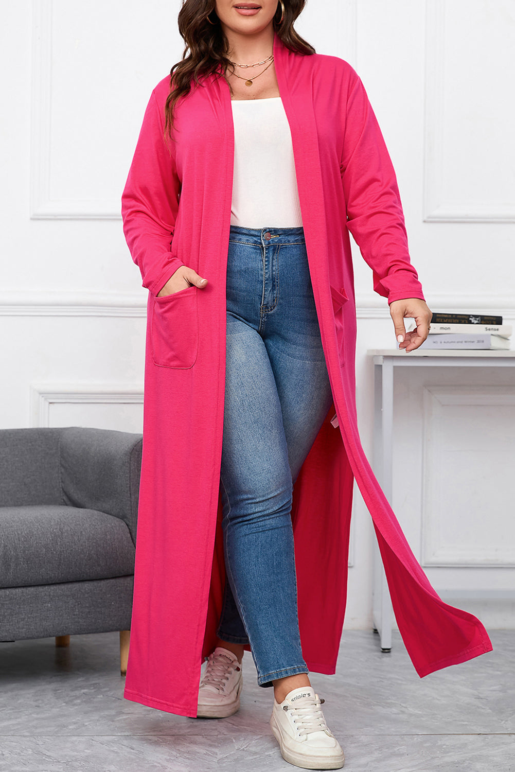 Side Split Pockets Duster Plus Size Cardigan - Eolante Clothing