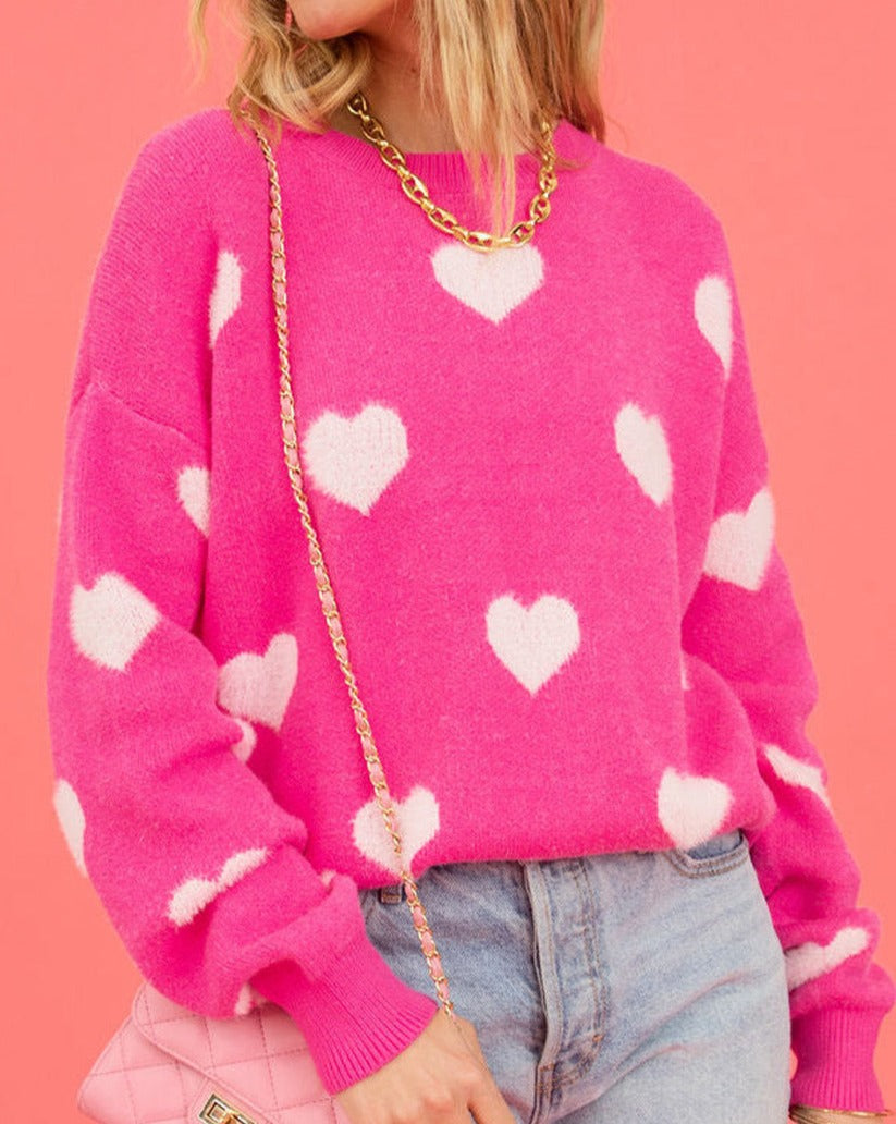 Fuzzy Hearts Drop Shoulder Sweater - Eolante Clothing