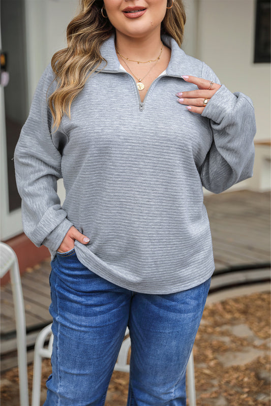 Ribbed Knit Quarter-Zip Plus Size Top - Eolante Clothing