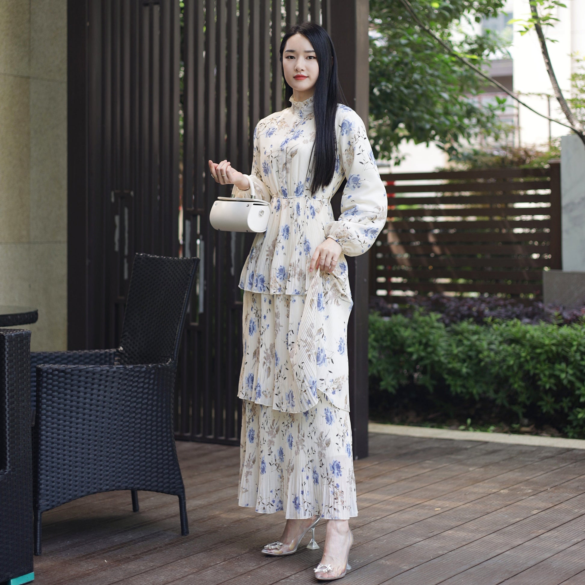 Chiffon Tiered Maxi Dress Abaya in White Floral | Eolante Clothing 