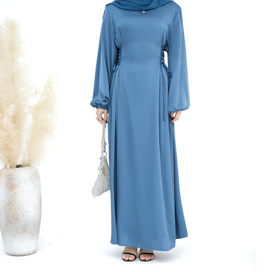 Satin Lace-up Slim Dress Abaya with Hijab