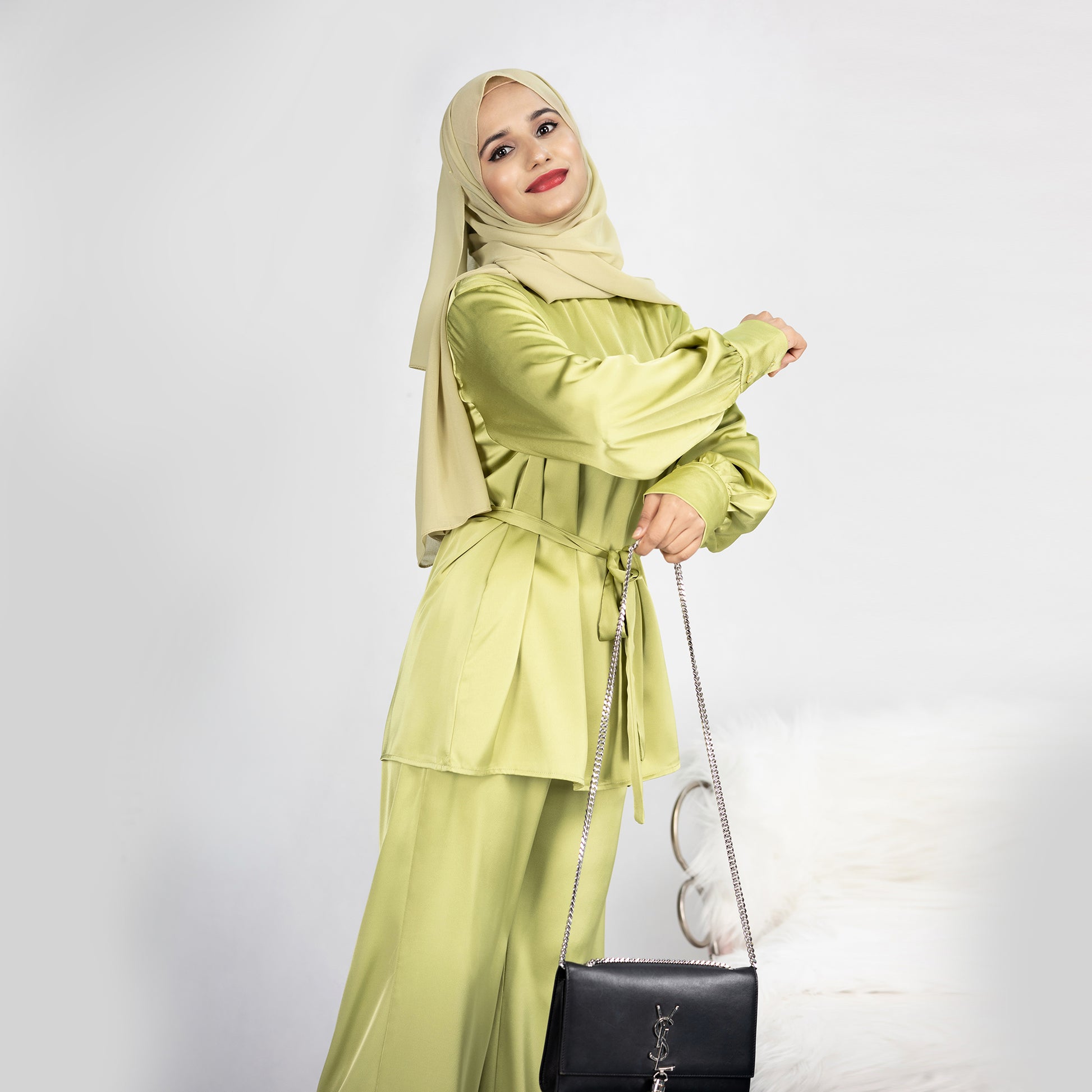 2 Piece Abaya Set, Satin Long Sleeve Top and Pants - Eolante Clothing