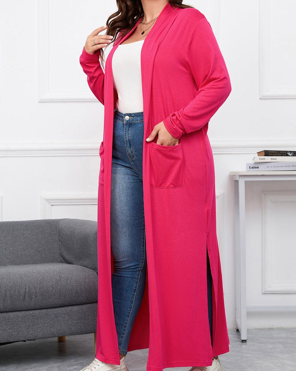 Side Split Pockets Duster Plus Size Cardigan - Eolante Clothing