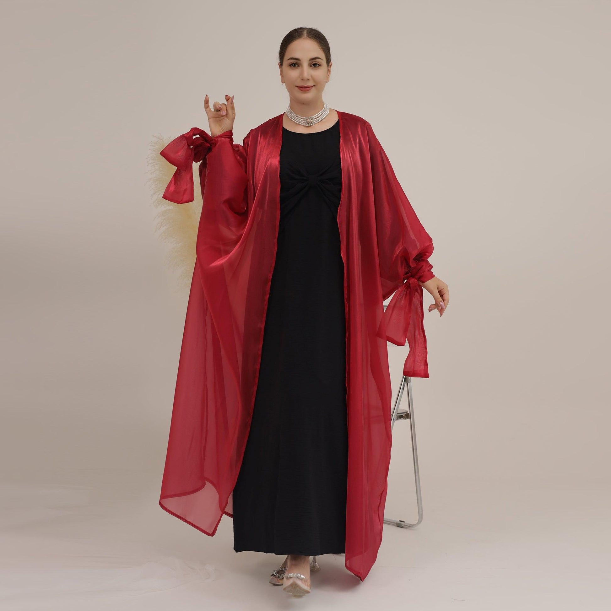 Red Open Abaya in Crystal Silk | Eolante Clothing