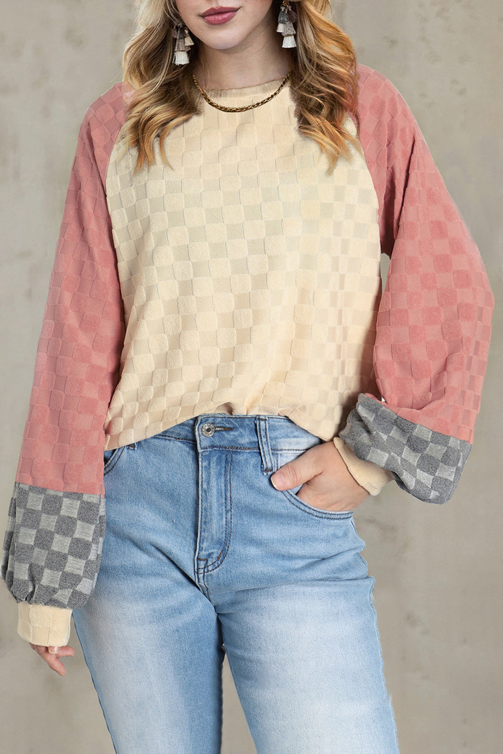 Colorblock Checkered Raglan Top - Eolante Clothing