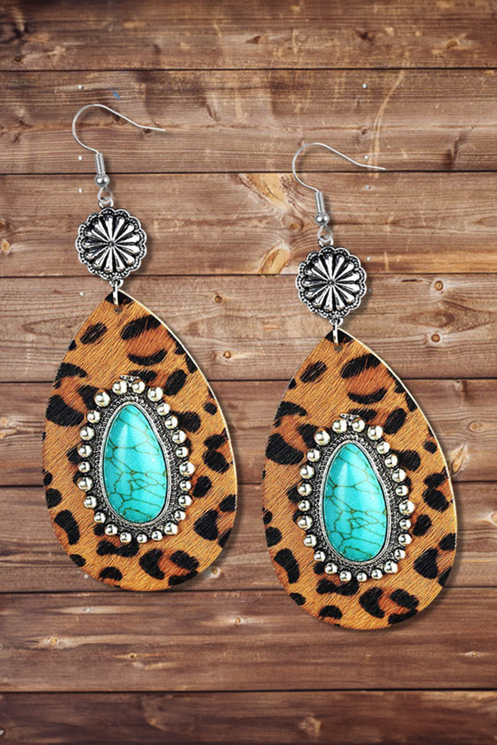 Inlay Drop Earrings, Leopard Turquoise Pattern Design - Eolante Clothing