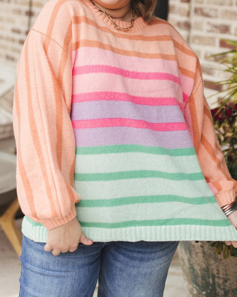 Stripe Colorblock Balloon Sleeve Plus Size Sweater - Eolante Clothing