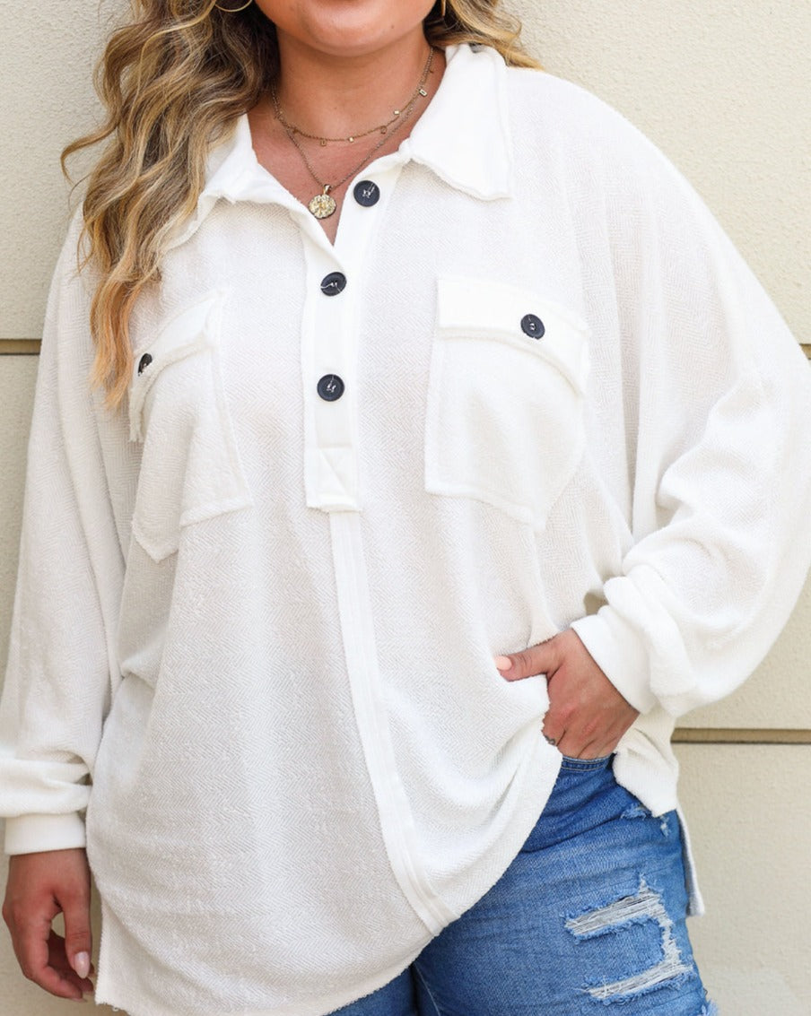 Henley Long Sleeve Flap Pocket Plus Size Top - Eolante Clothing