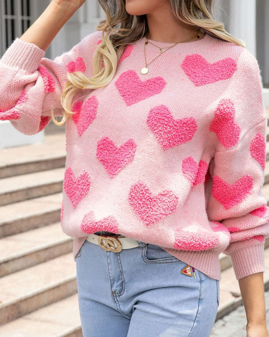 Knit Sweater in Heart Jacquard Design - Eolante Clothing