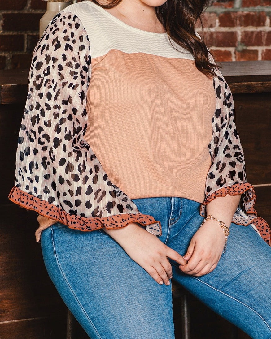 Ruffle Leopard Sleeve Plus Size Top - Eolante Clothing