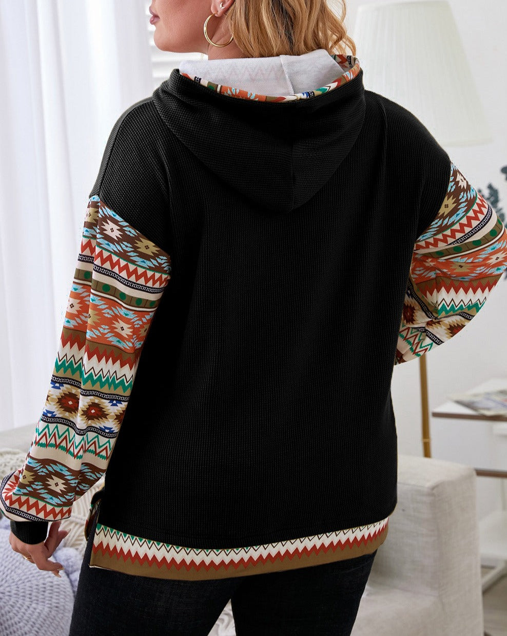 Aztec Patchwork Sleeve Plus Size Hoodie - Eolante Clothing