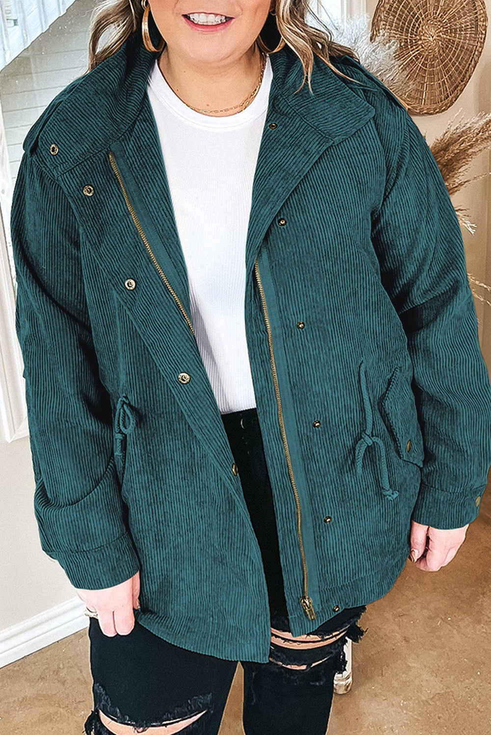 Corduroy Button Zipped Plus Size Jacket - Eolante Clothing