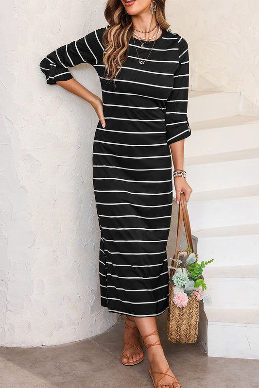 Stripe Slit Long Dress - Eolante Clothing