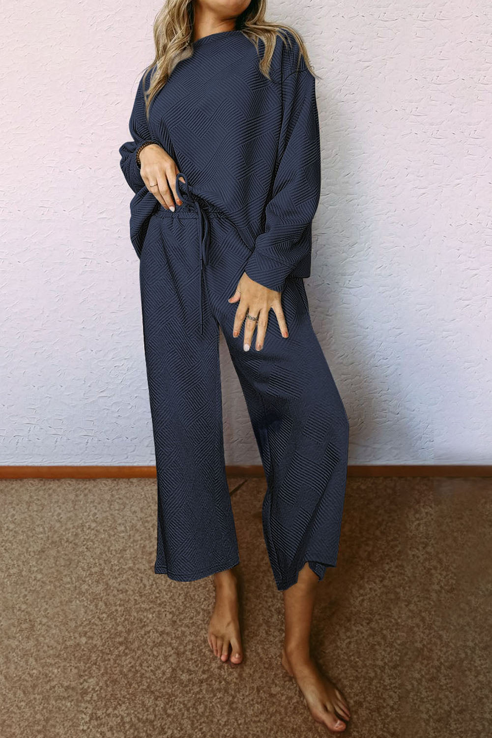 Loose Textured Top and Pants Loungewear Set - Eolante Clothing