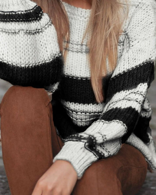 Puff Striped Sleeve in Knit Sweater - Eolante Clothing