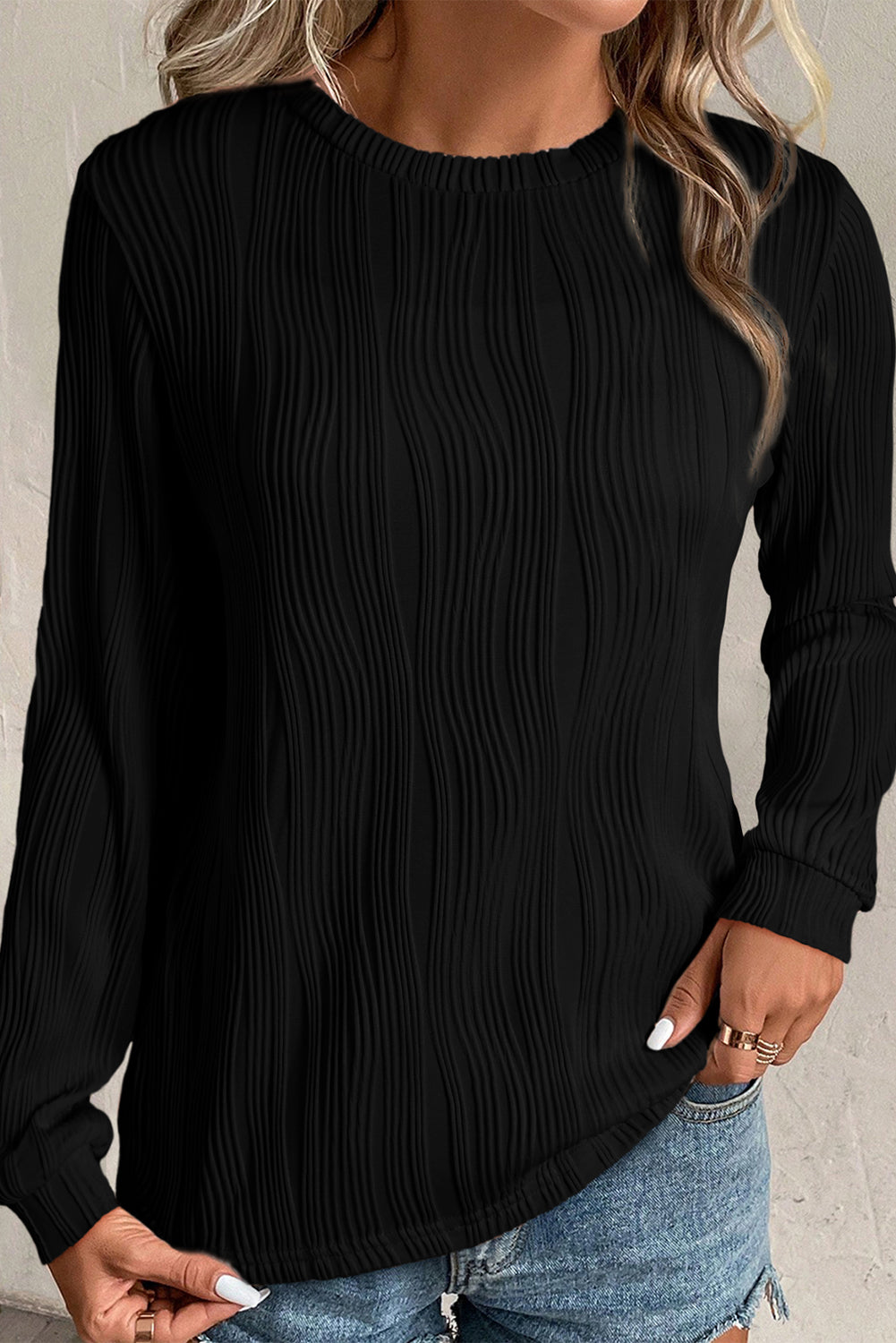 Textured Wavy Long Sleeve Top - Eolante Clothing