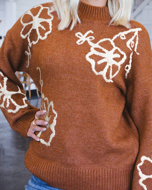 Knitted Floral Ribbed Sweater - Eolante Clothing