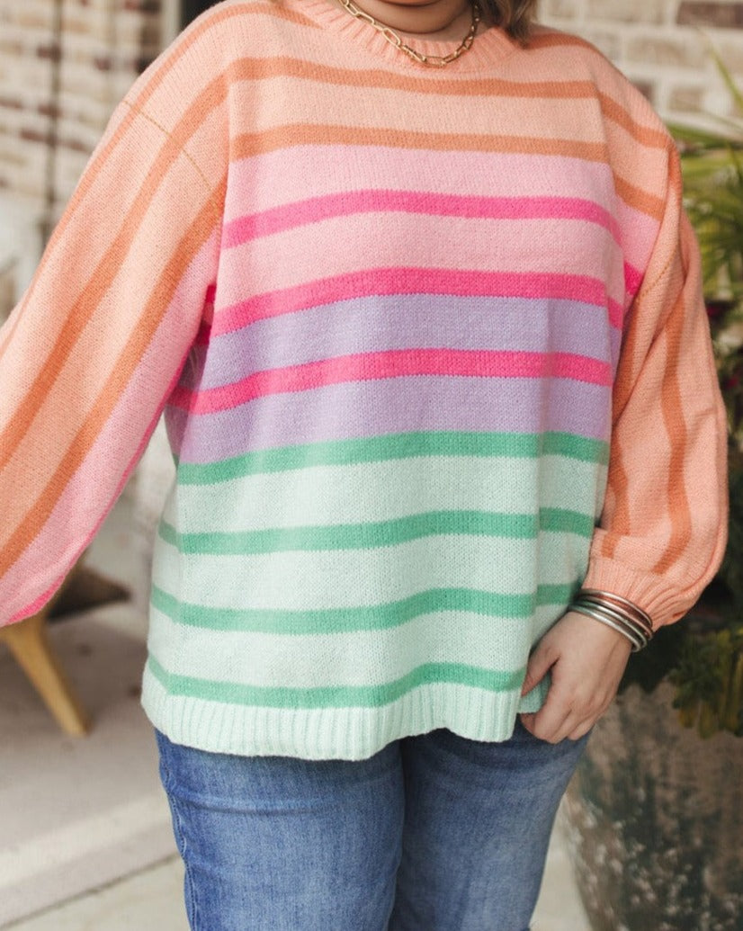 Stripe Colorblock Balloon Sleeve Plus Size Sweater - Eolante Clothing