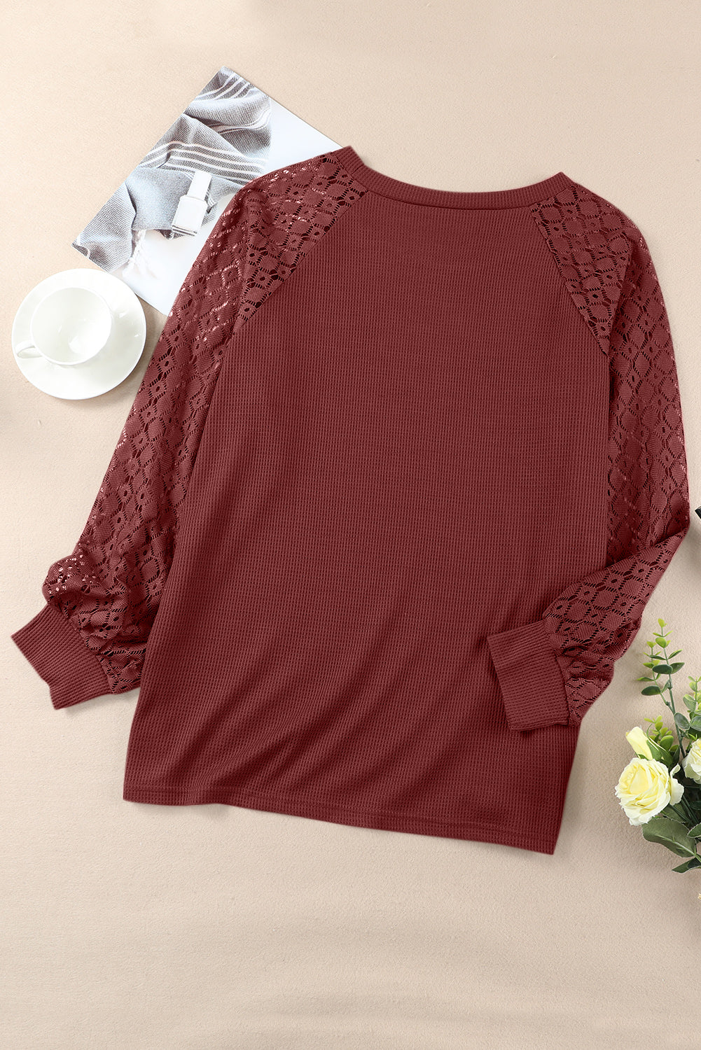 Lace Sleeve Waffle Knit Plus Size Top - Eolante Clothing