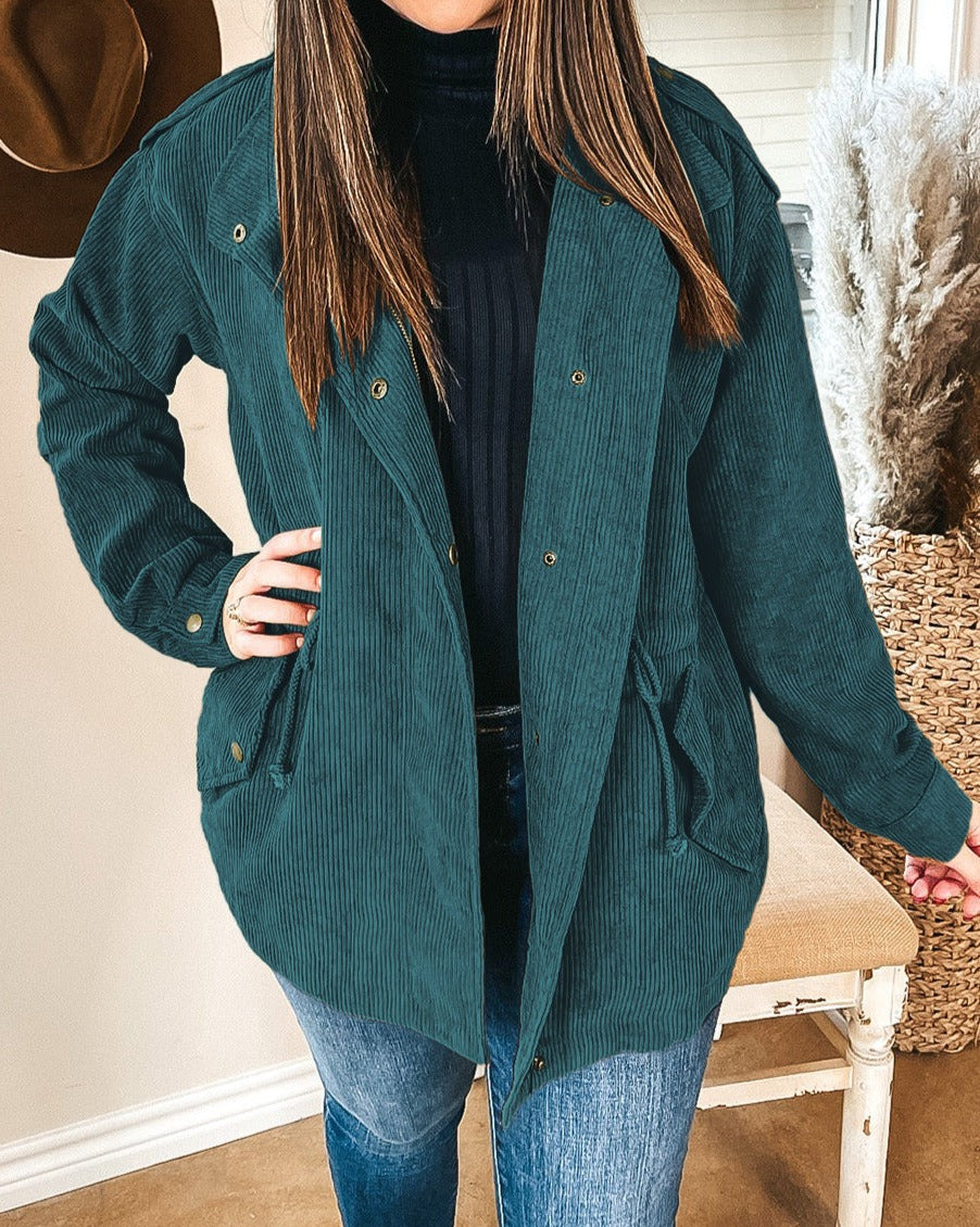 Corduroy Button Zipped Plus Size Jacket - Eolante Clothing