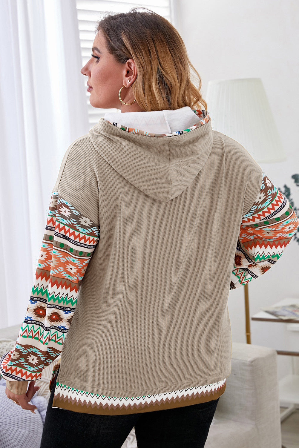 Aztec Patchwork Sleeve Plus Size Hoodie - Eolante Clothing