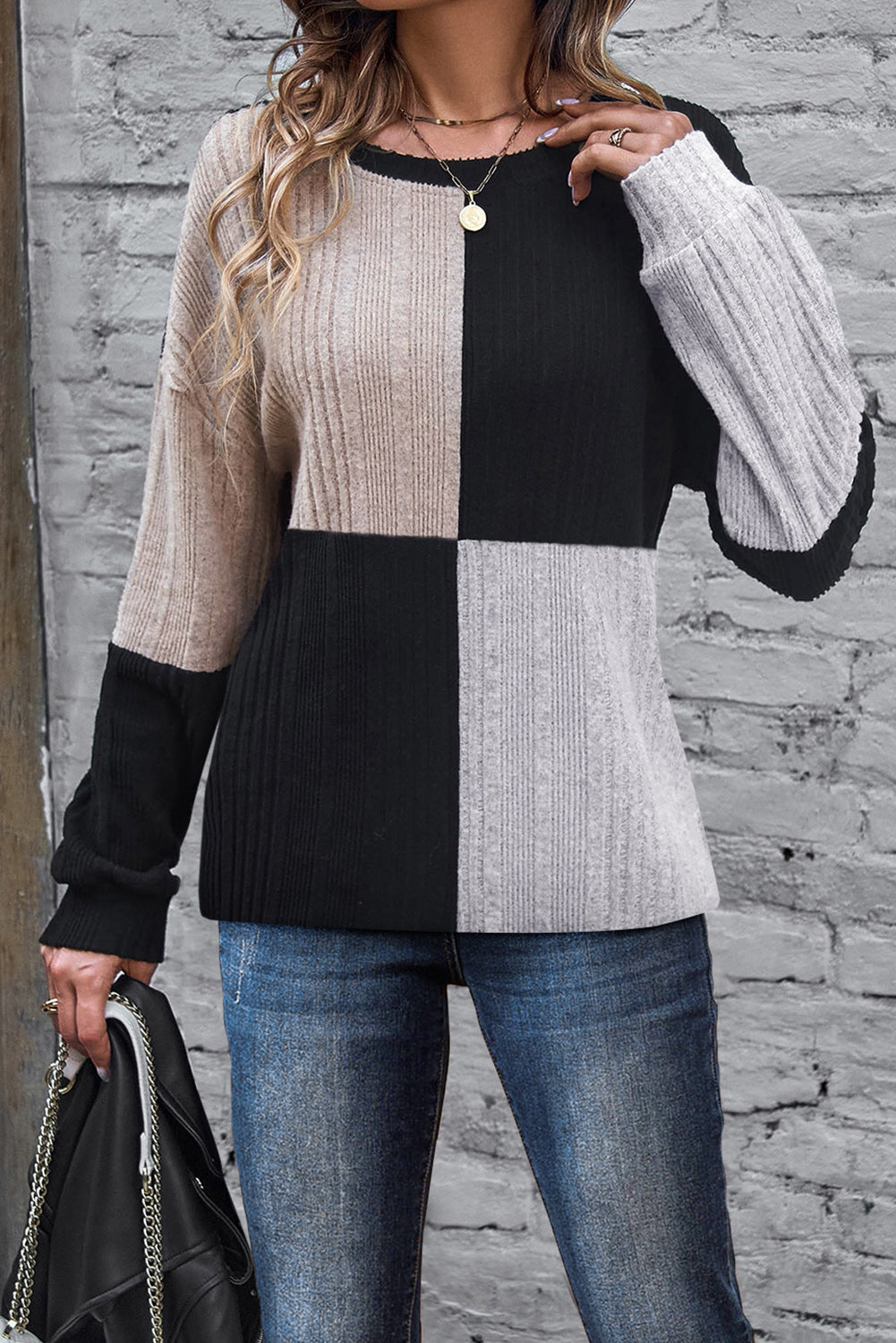 Colorblock Textured Knit Top - Eolante Clothing