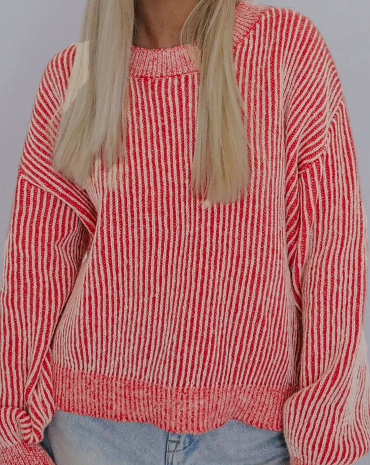 Ribbed Trim Sweater in Stripes - Eolante Clothing