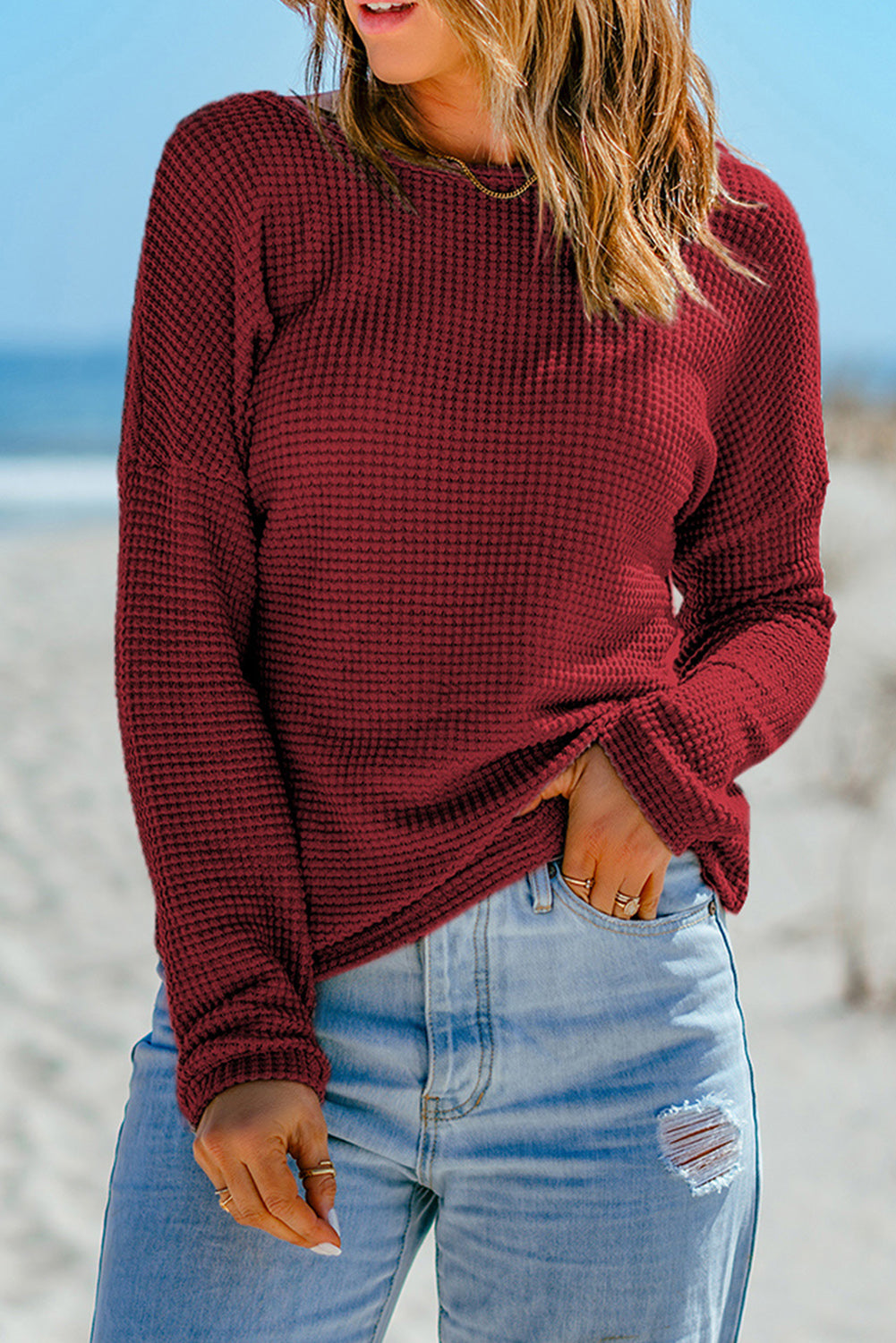 Waffle Knit Long Sleeve Top - Eolante Clothing