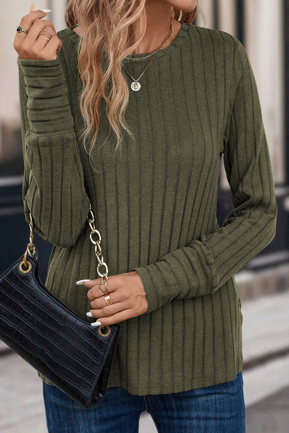 Ribbed Knit Long Sleeve Top - Eolante Clothing