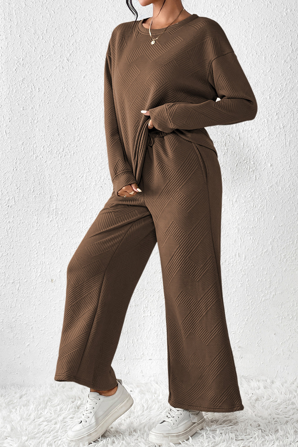 Loose Textured Top and Pants Loungewear Set - Eolante Clothing