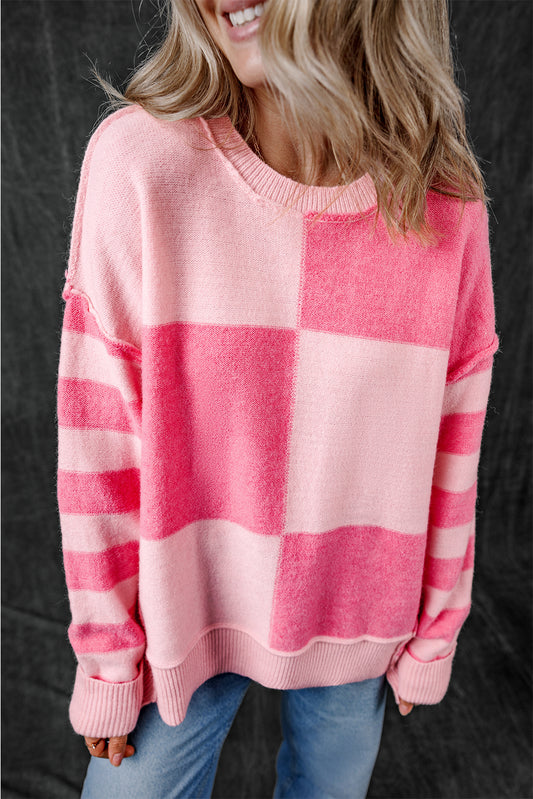 Checkered Colorblock Loose Sweater