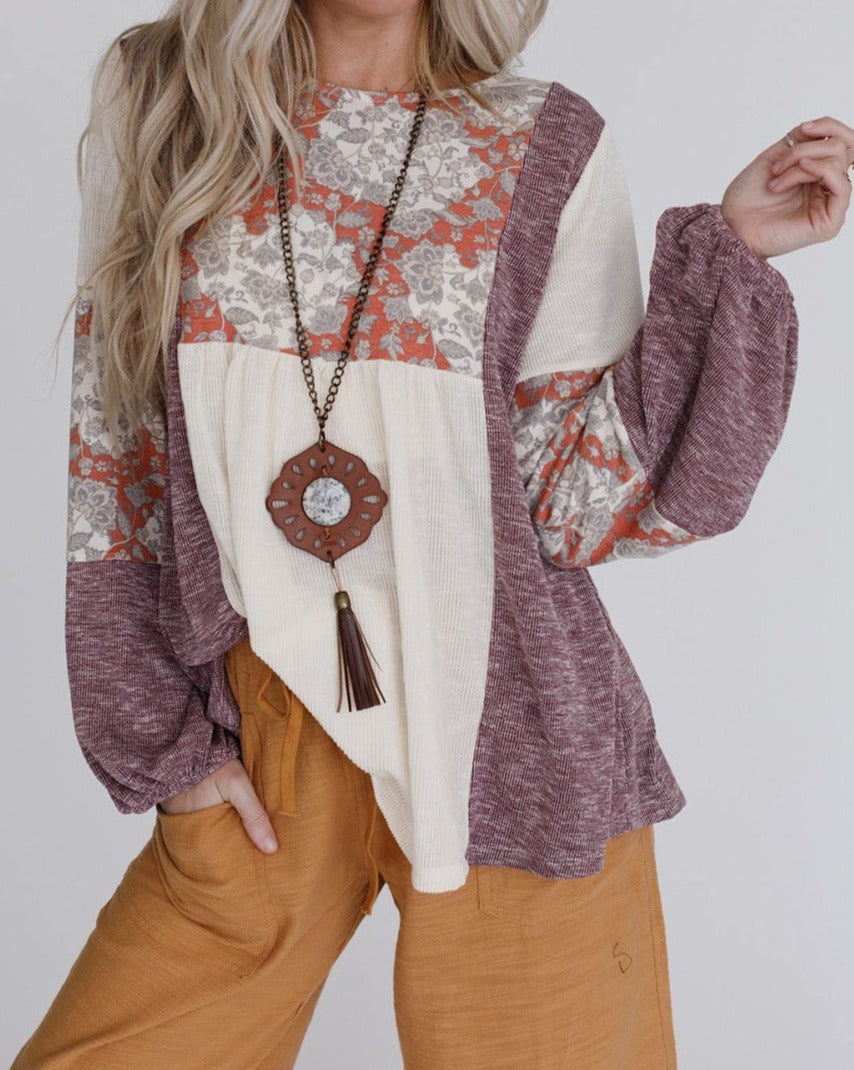 Floral Knit Bubble Sleeve Top - Eolante Clothing