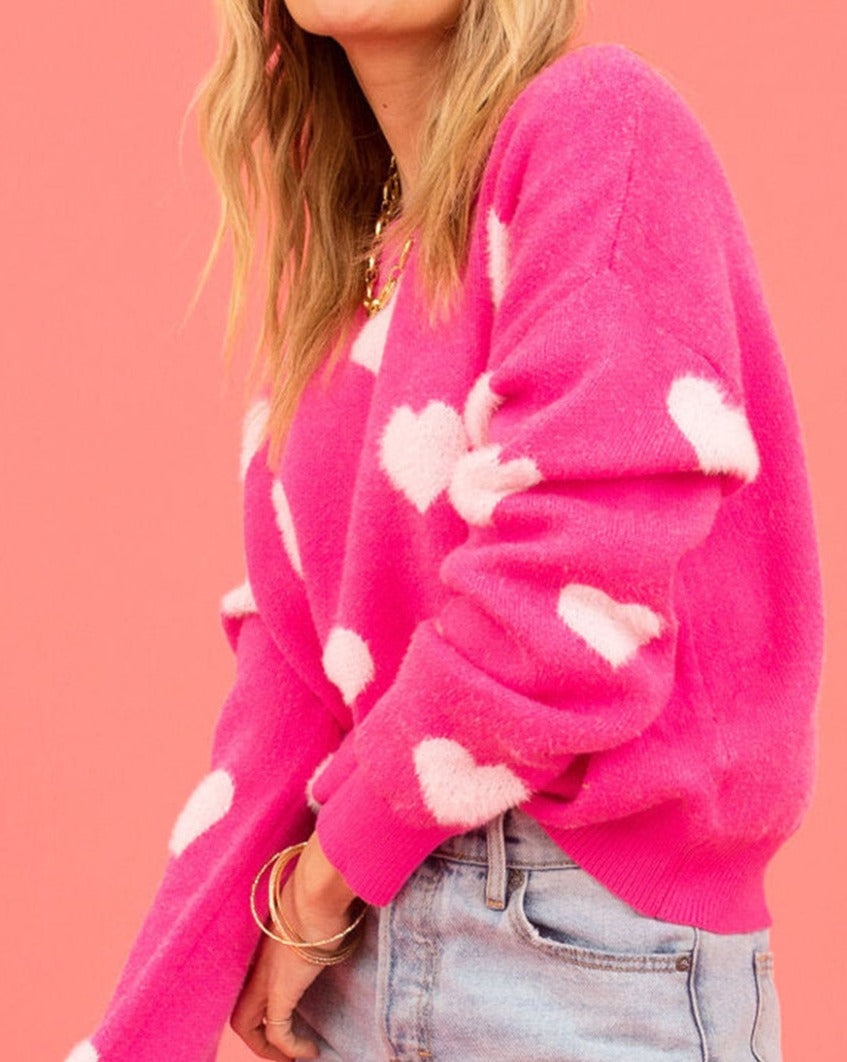 Fuzzy Hearts Drop Shoulder Sweater - Eolante Clothing