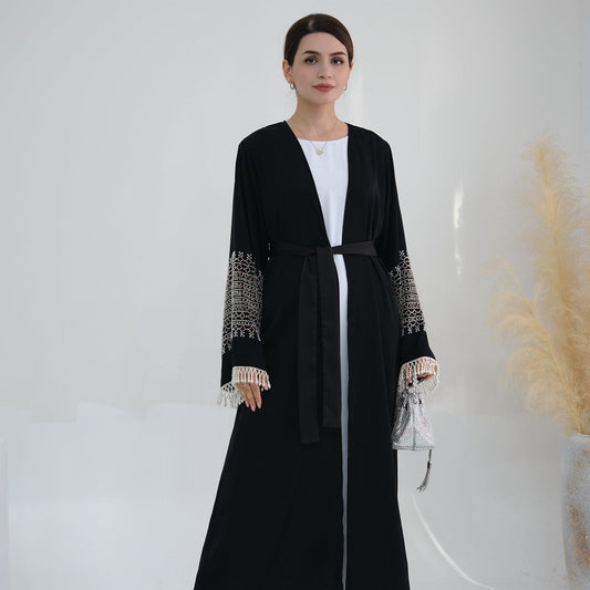 Black Beaded Abaya with Belt | Eolante Clothing