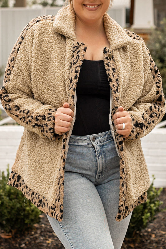 Sherpa Leopard Trim Button-up Plus Size Jacket - Eolante Clothing