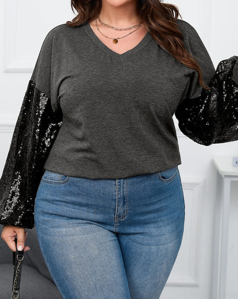 Knit Sequin Bubble Sleeve Plus Size Top - Eolante Clothing